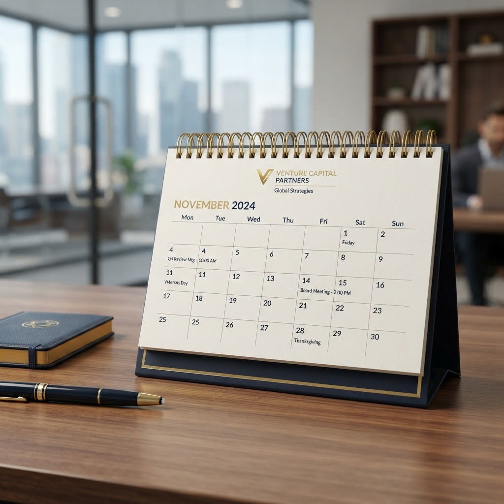 Custom branded corporate desk calendar with wire-O binding on an office desk