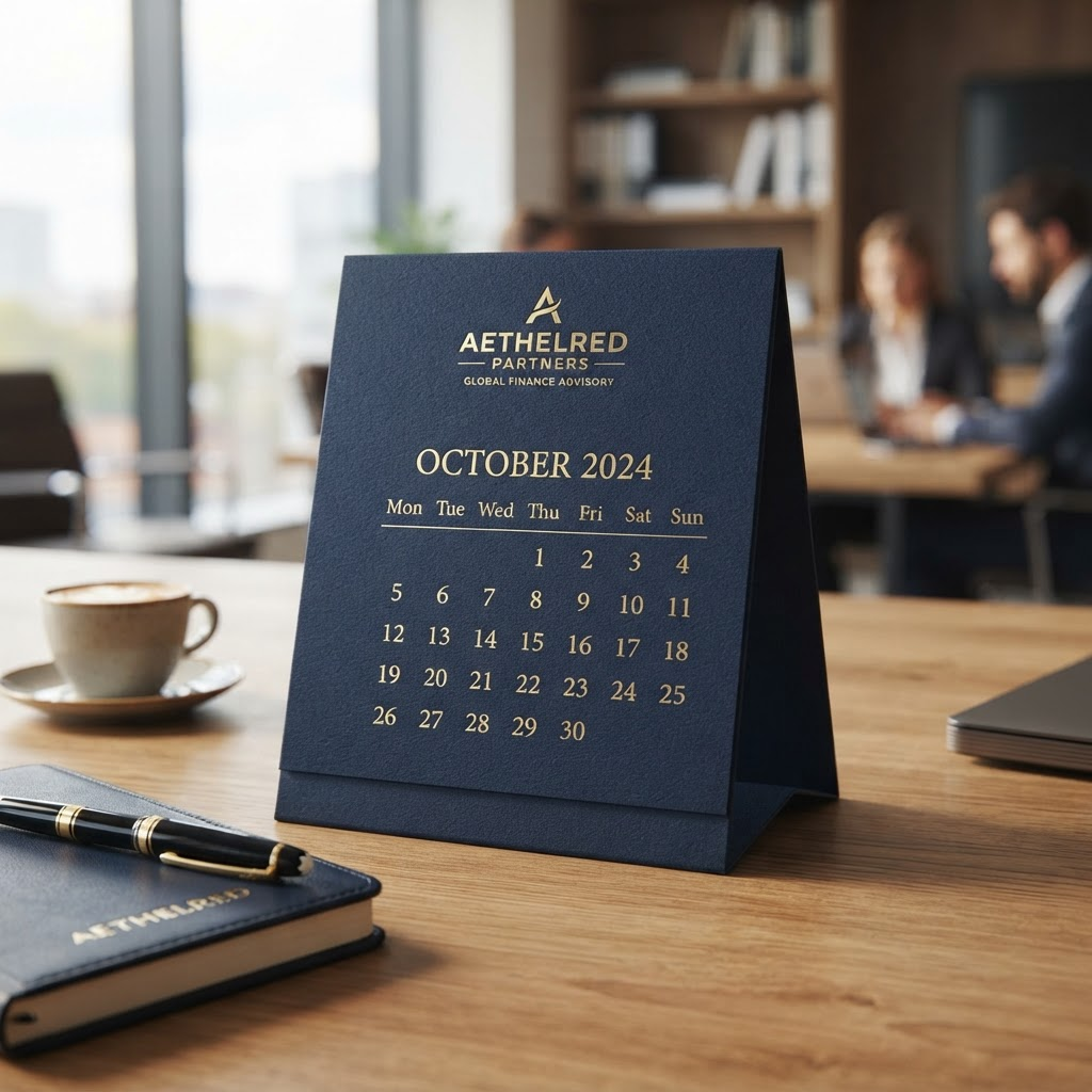 Tabletop tent calendar standee with thick art card and minimal corporate branding