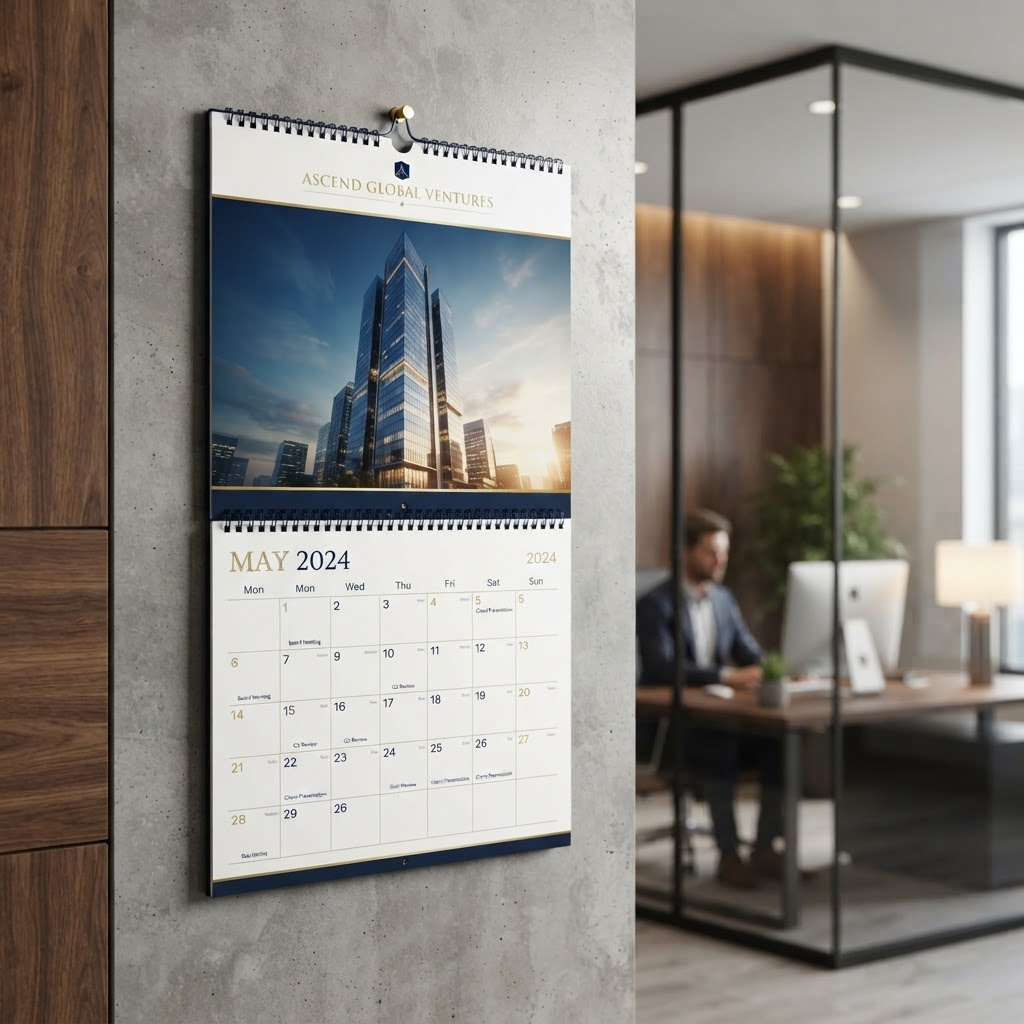 Premium custom wall calendar with glossy art card pages and corporate branding